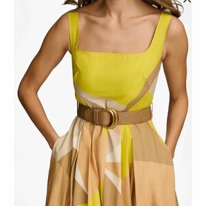 Donna Karan Sleeveless Square Neck A-Line Belted Geometric Print Midi Dress